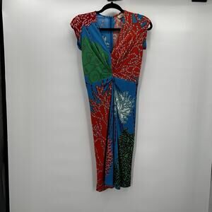 Issa London Dress Women 6 Blue Orange Floral Rayon Mesh Vintage Tropical y2k